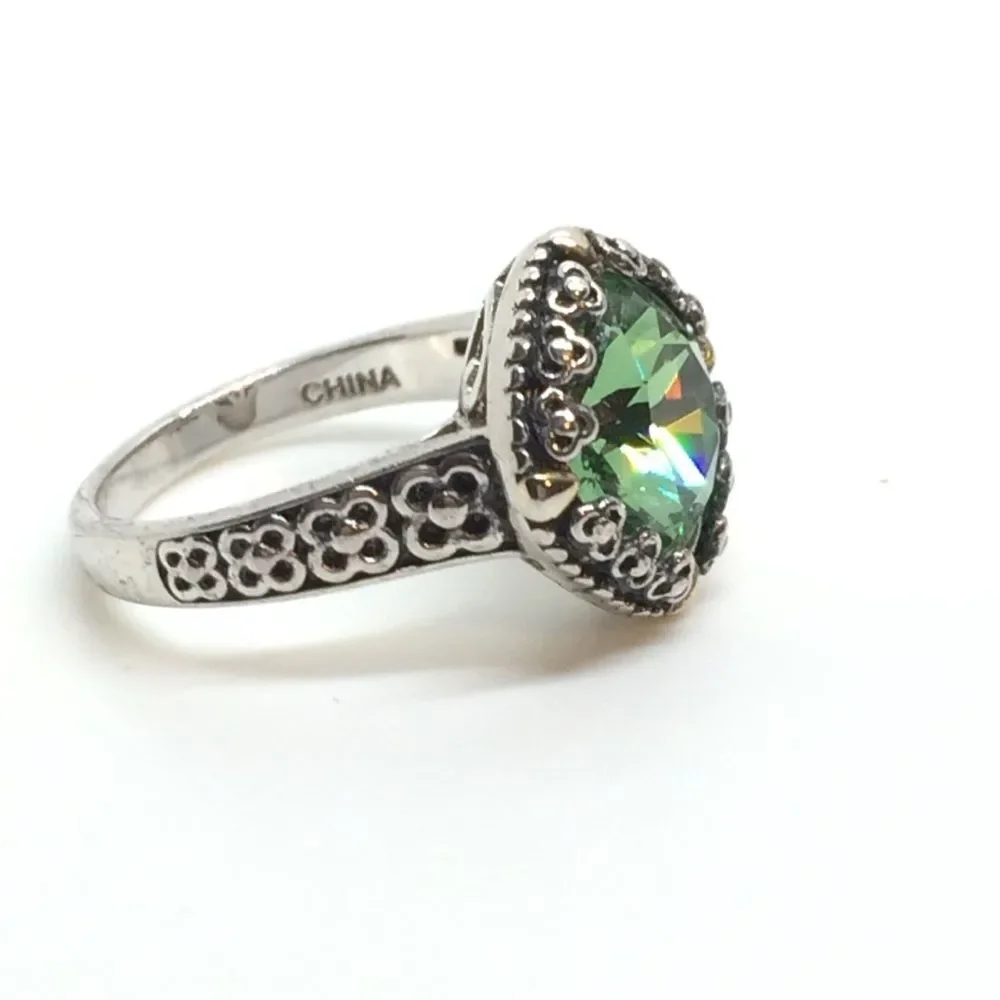 STERLING SILVER RING Green Glass Filigree Statement Ring Sz 7.25